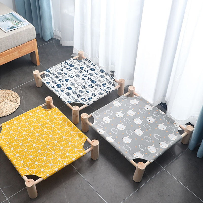 Wooden Elevated Cat Bed House Cats Hammocks Beds Wood Canvas dog Lounge Bed For Small Dogs Rabbit Puppy Durable Canvas Pet House