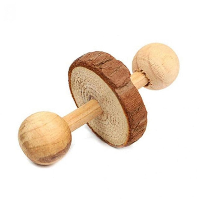 Cute Natural Wooden Rabbits Hamster Toys Pine Dumbells Unicycle Bell Roller Toys for Guinea Pigs Rat Small Pet Molars Supplies