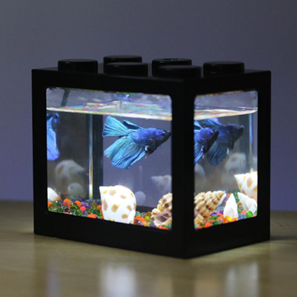 Usb Mini Fish Tank Mini Aquarium With Led Light Creative Building Block Home Office Tea Table Decoration Fish Feeding Box