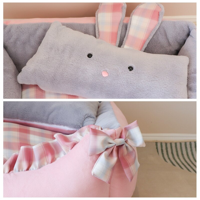 Cozy Plaid Kawaii Dog Bed With Rabbit Pillow Cat Cushion Bow Lace Princess Girl Boy Pet Sofa Indoor Home House Kennel For Puppy