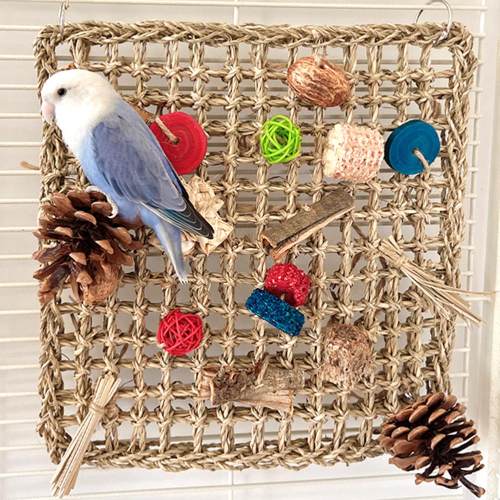 Parrot Activity Wall Toys With Colorful Chewing Toys Handmade Natural Grass Woven Mat Pet Supplies