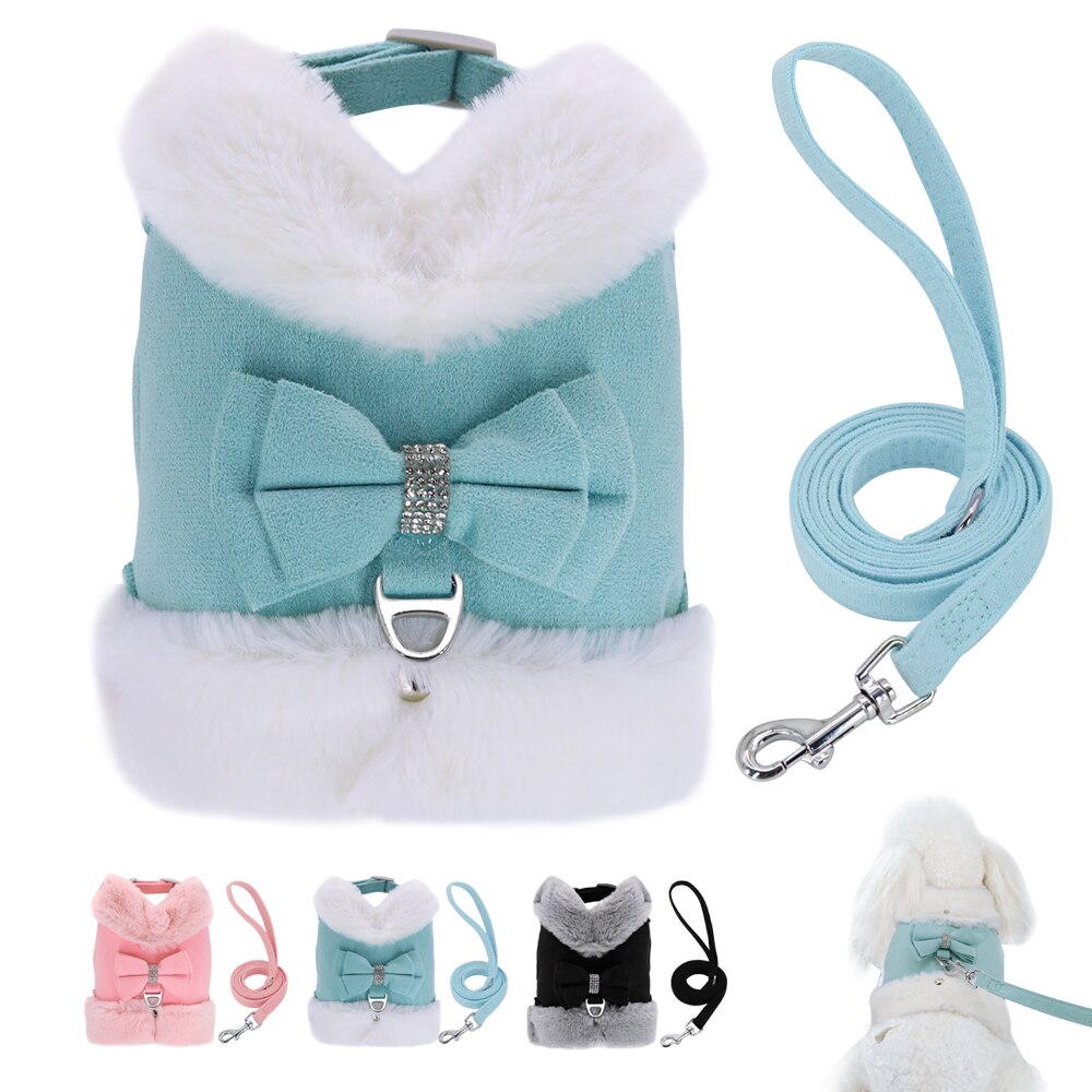 Soft Warm Dog Cat Harness Leash Set Thick Fur Harness Vest Adjustable Cute Puppy Pet Harness Lead For Small Dog Yorkshire Pug