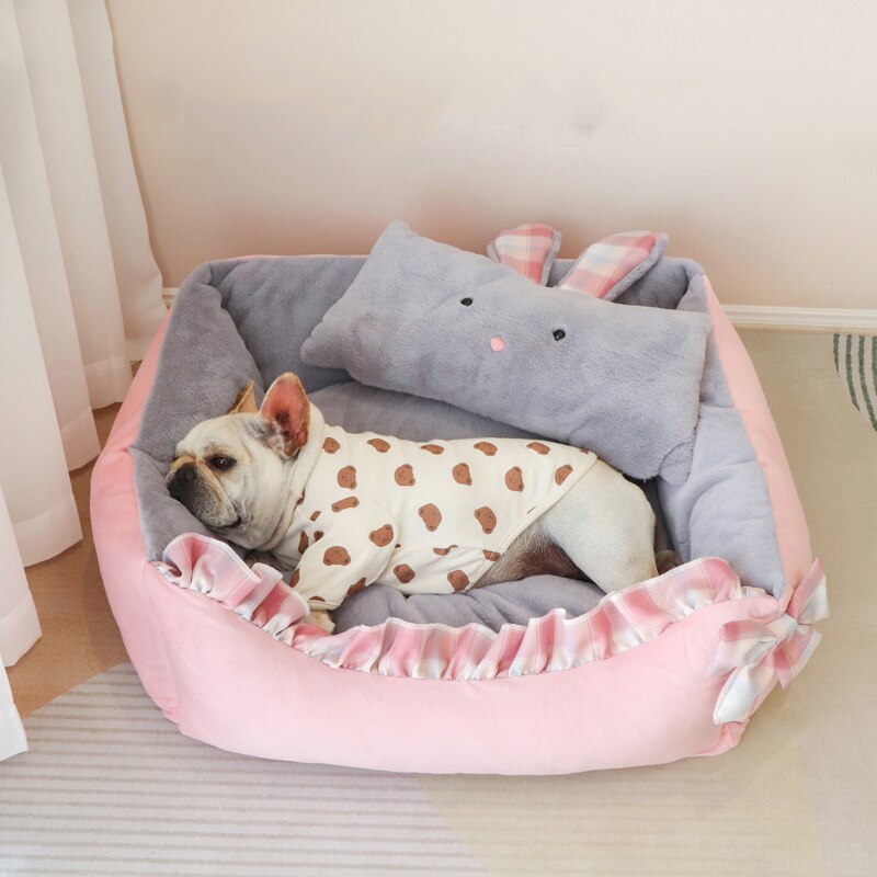 Cozy Plaid Kawaii Dog Bed With Rabbit Pillow Cat Cushion Bow Lace Princess Girl Boy Pet Sofa Indoor Home House Kennel For Puppy