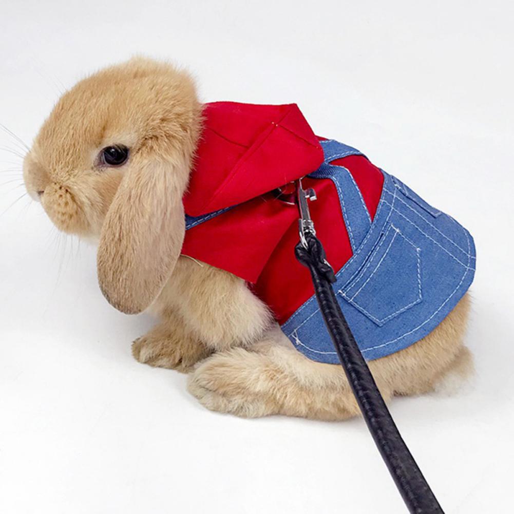 Denim Jacket Coat With Harness Leash Costume Clothes Pet Supplies For Rabbit Guinea Pig Hamster