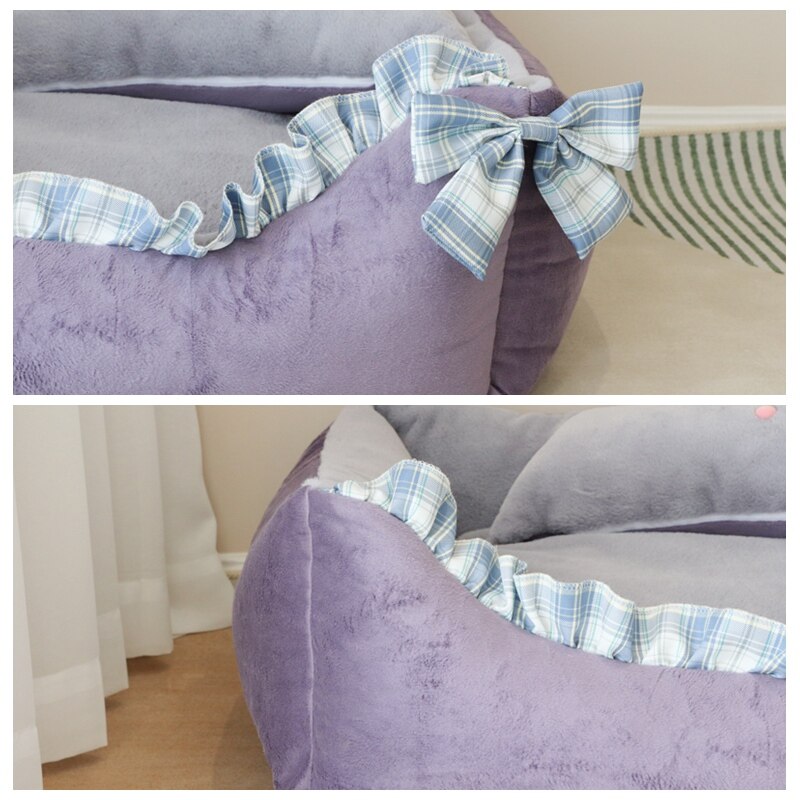 Cozy Plaid Kawaii Dog Bed With Rabbit Pillow Cat Cushion Bow Lace Princess Girl Boy Pet Sofa Indoor Home House Kennel For Puppy