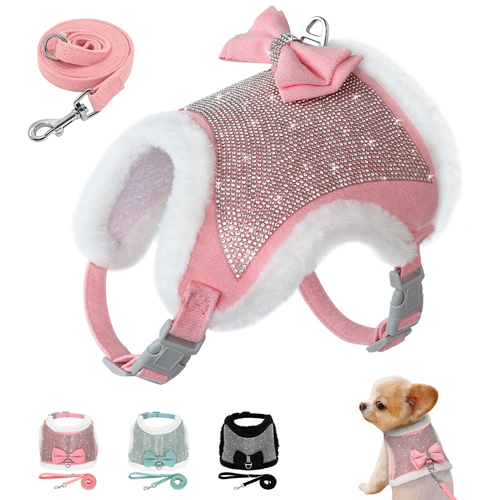 Soft Warm Dog Cat Harness Leash Set Thick Fur Harness Vest Adjustable Cute Puppy Pet Harness Lead For Small Dog Yorkshire Pug