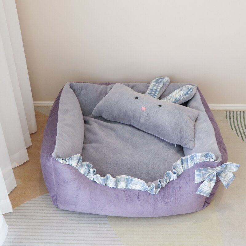 Cozy Plaid Kawaii Dog Bed With Rabbit Pillow Cat Cushion Bow Lace Princess Girl Boy Pet Sofa Indoor Home House Kennel For Puppy