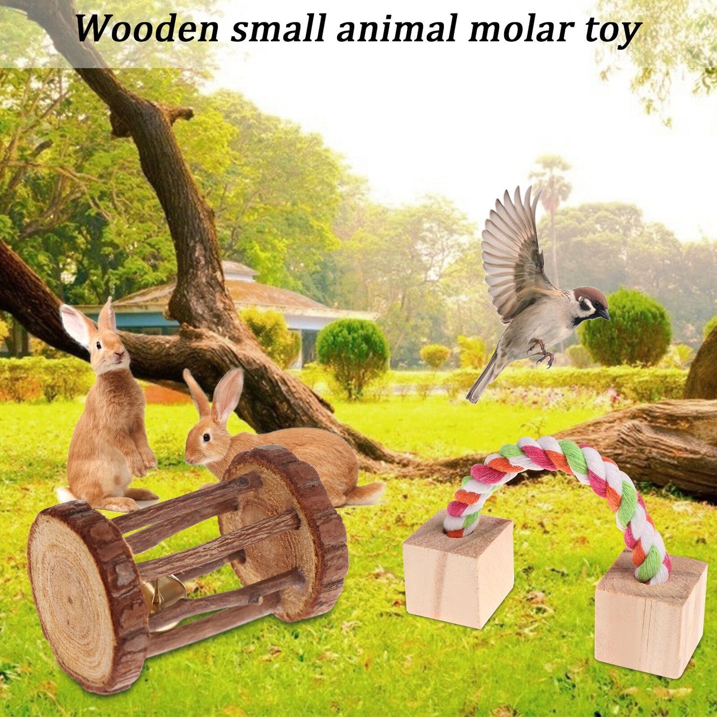 Pet Hamster Natural Wooden Chew Toys Chinchilla Cage Rabbit Toys Guinea Pigs Rat Exercise Bell Roller Small Pet Molars Supplies