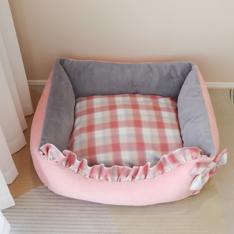 Cozy Plaid Kawaii Dog Bed With Rabbit Pillow Cat Cushion Bow Lace Princess Girl Boy Pet Sofa Indoor Home House Kennel For Puppy