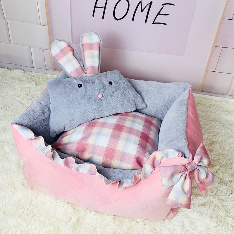 Cozy Plaid Kawaii Dog Bed With Rabbit Pillow Cat Cushion Bow Lace Princess Girl Boy Pet Sofa Indoor Home House Kennel For Puppy