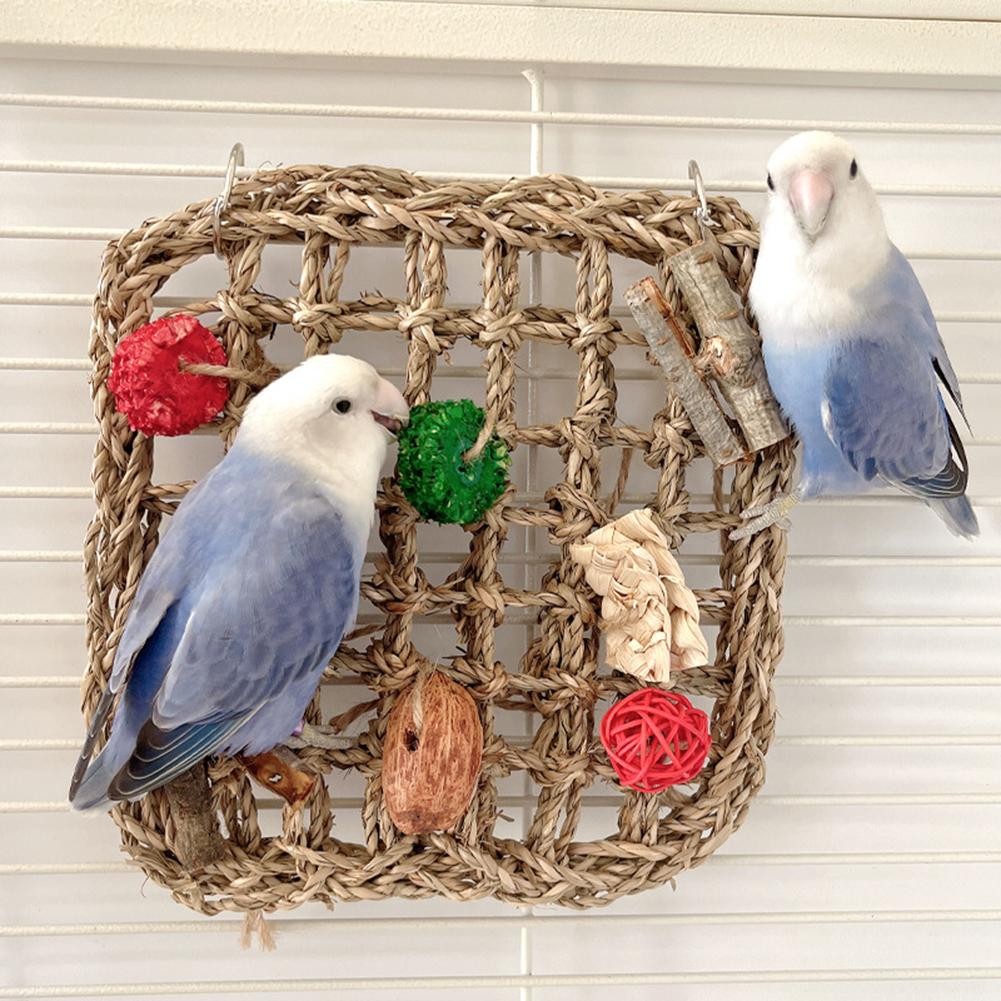 Parrot Activity Wall Toys With Colorful Chewing Toys Handmade Natural Grass Woven Mat Pet Supplies