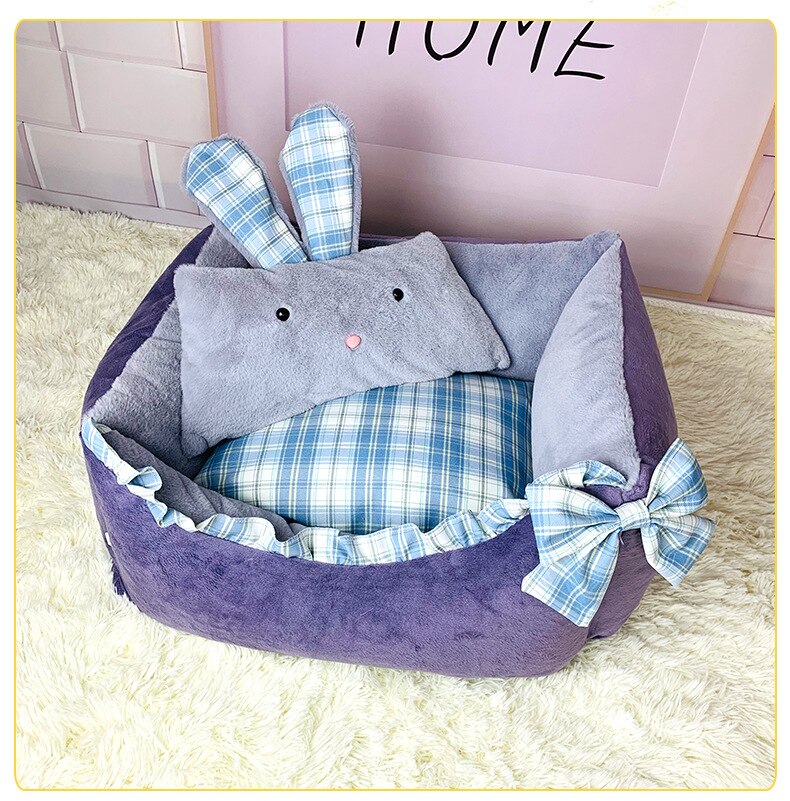 Cozy Plaid Kawaii Dog Bed With Rabbit Pillow Cat Cushion Bow Lace Princess Girl Boy Pet Sofa Indoor Home House Kennel For Puppy