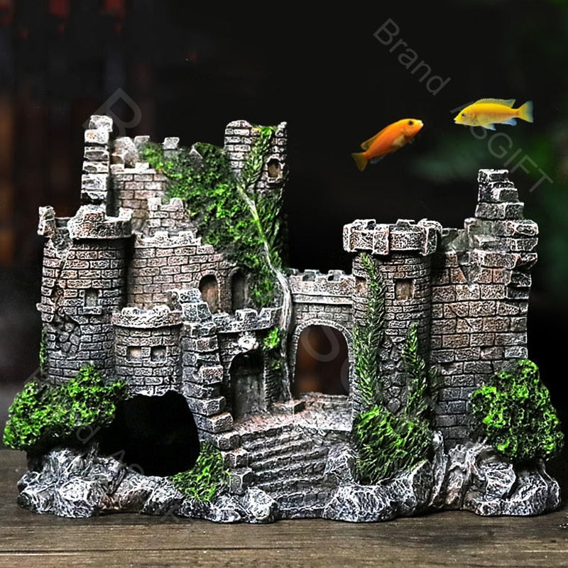 Aquarium Ancient Castle Decoration Resin Artificial Building Rocks Cave for Aquarium Fish Tank Landscaping Ornament Decor