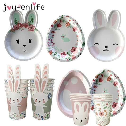 8pcs Bunny Egg Paper Plates Rabbit Ear Shape Cups Party Supplies Tableware Birthday Party Baby Shower decor