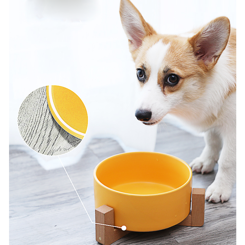 Pet Ceramic Bowl with Bamboo Stand Cat Bowl Dog Bowl Pet Drinking Bowl Food Container Cat and Dog Feeding Supplies
