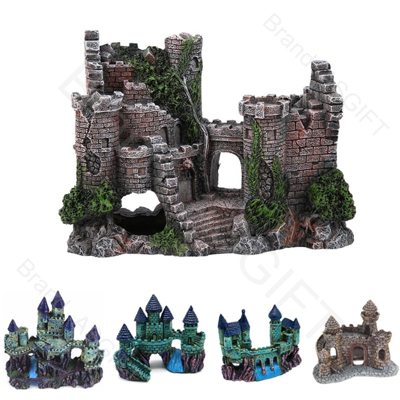 Aquarium Ancient Castle Decoration Resin Artificial Building Rocks Cave for Aquarium Fish Tank Landscaping Ornament Decor