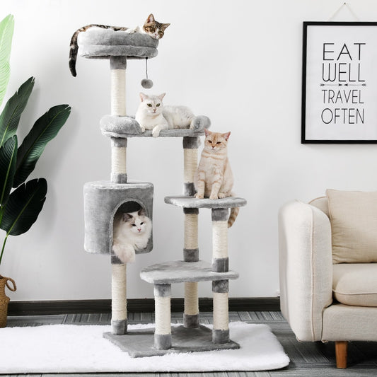 Cat Tree Multi-Level Tower with Scratching Posts Cat Condo Sisal Posts Hammock Activity Jumping Platform with Ball Grey