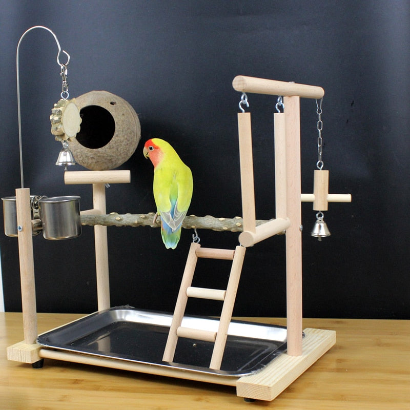 Parrot Playstand With Coconut Shell Solid Wooden Parrot Stand Game Field Interactive Training Frame Bird Shelf Standing Stick
