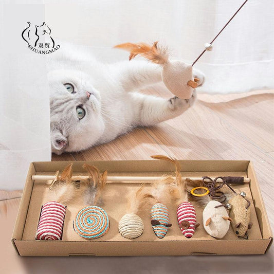 7 Style/1 Set Cat Toy Hemp Rope Interactive Stick Funny Cats Toys Kitten Mouse Fishing Game Wand Feather Pet Supplies Accessory