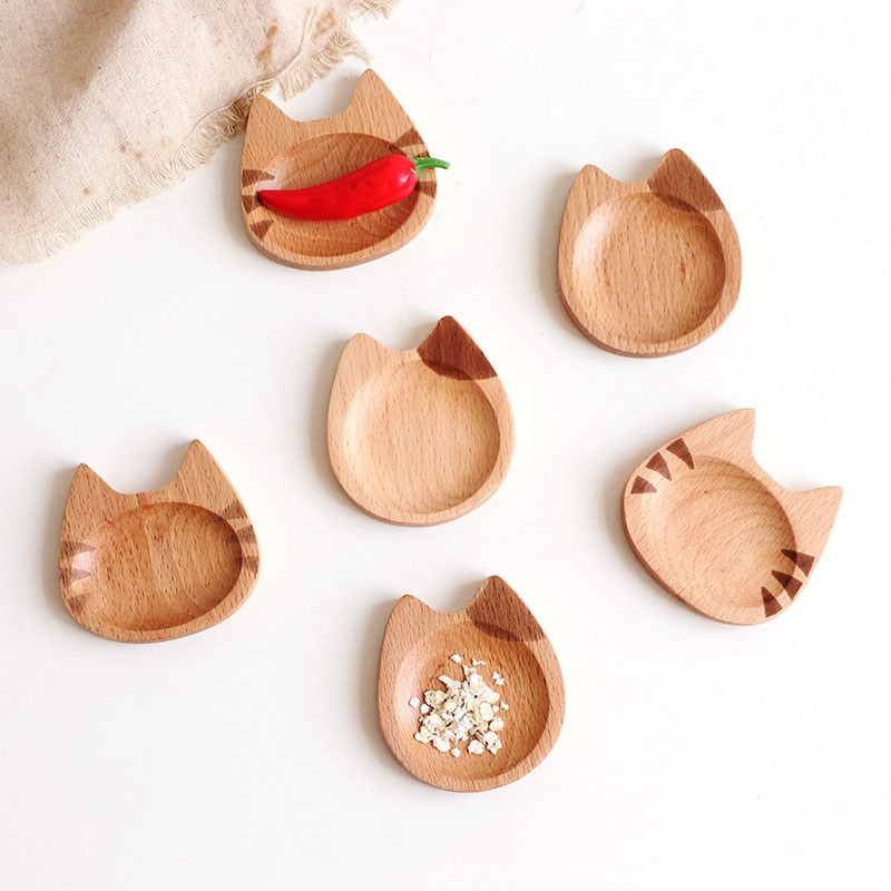 Japan Style Dipping Sauce Dishes Wood Plates Multipurpose Kawai Cat Pattern,Seasoning Dishes Soy Sauce Dipping Bowls for Party