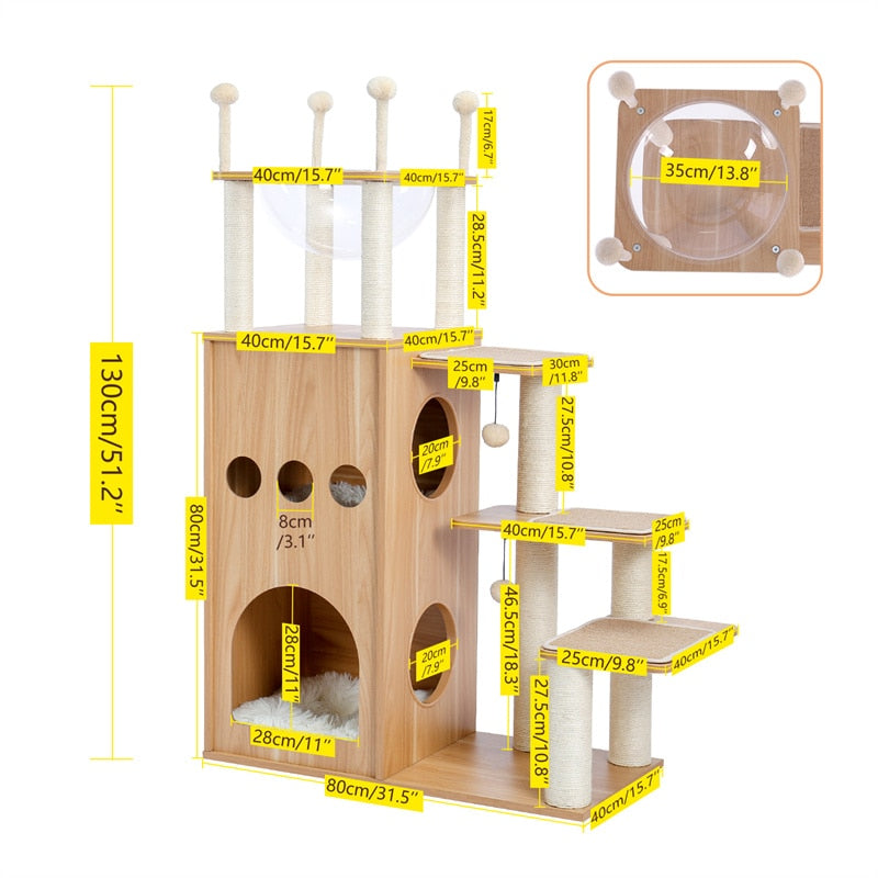 Wood Cat Scratcher Luxury Cat Tree Condo Kitten Nest Climbing Tower with Scratching Post Cat Toys Playing Platform House