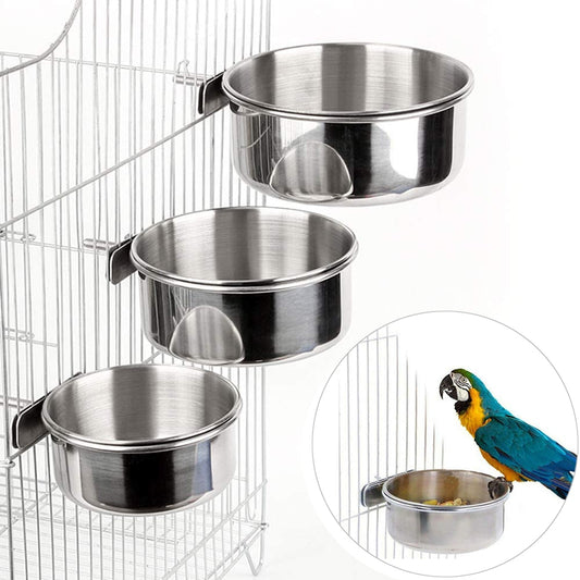 Parrot Feeding Cup Bird Food Dish Stainless Steel Parrot Feeder Water Cage Bowl With Clamp Holder For Cockatiel Budgies Parakeet