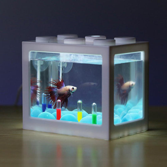 Usb Mini Fish Tank Mini Aquarium With Led Light Creative Building Block Home Office Tea Table Decoration Fish Feeding Box