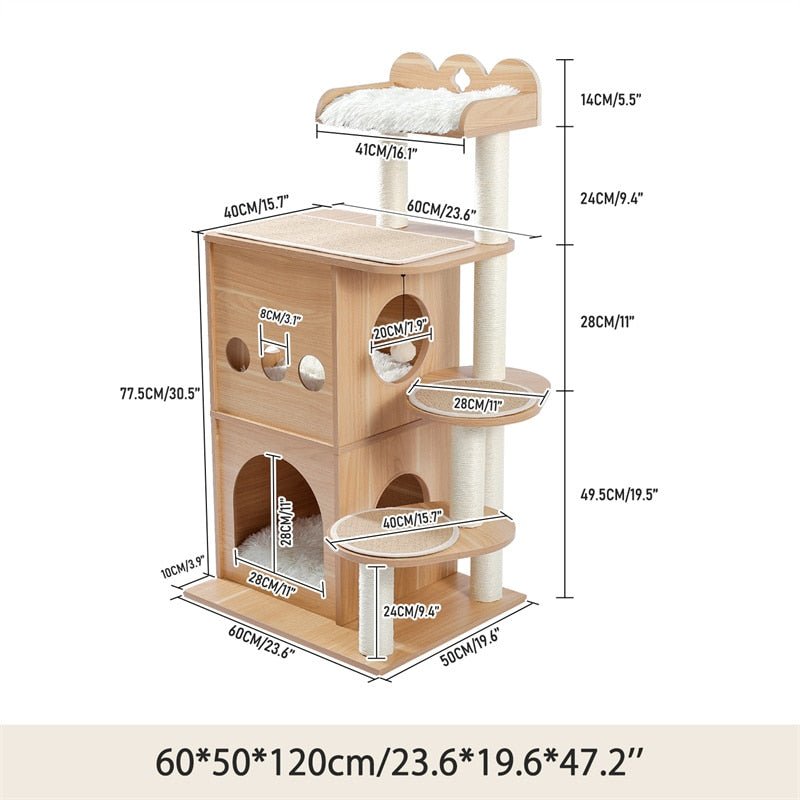 Wood Cat Scratcher Luxury Cat Tree Condo Kitten Nest Climbing Tower with Scratching Post Cat Toys Playing Platform House