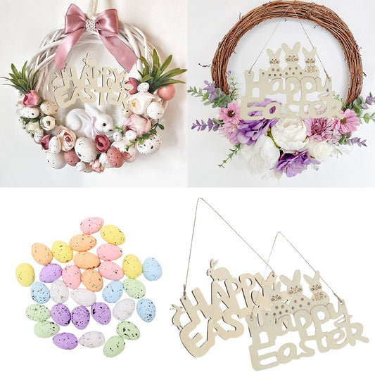 20/50PCS Easter Foam Plastic Eggs DIY Rattan Wreath Happy Easter Bunny Rabbit Colorful Wooden Hanging for Kids Party Decoration