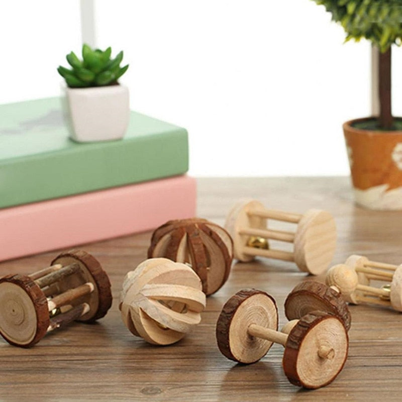 Cute Rabbit Roller Toys Natural Wooden Pine Dumbells Unicycle Bell Chew Toys for Guinea Pigs Rat Small Pet Molars Supplies