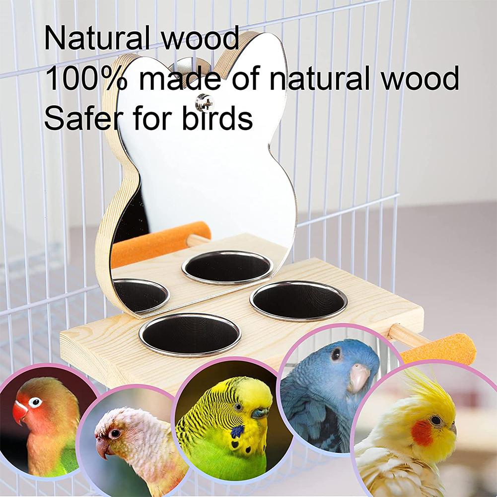 Parrots Mirror With Feeder Cups Bowl Wooden Birds Interactive Self-happy Toy Puzzle Toy Bird Cage Parrot Toys Accessories