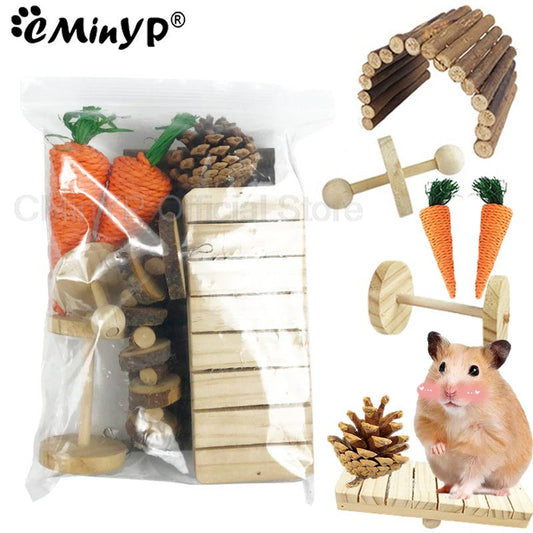 8Pcs Rabbit Roller Toy Wooden Pine Dumbells Unicycle Bell Chew Teeth Cleaning Toys for Guinea Pigs Rat Small Pet Molars Supplies