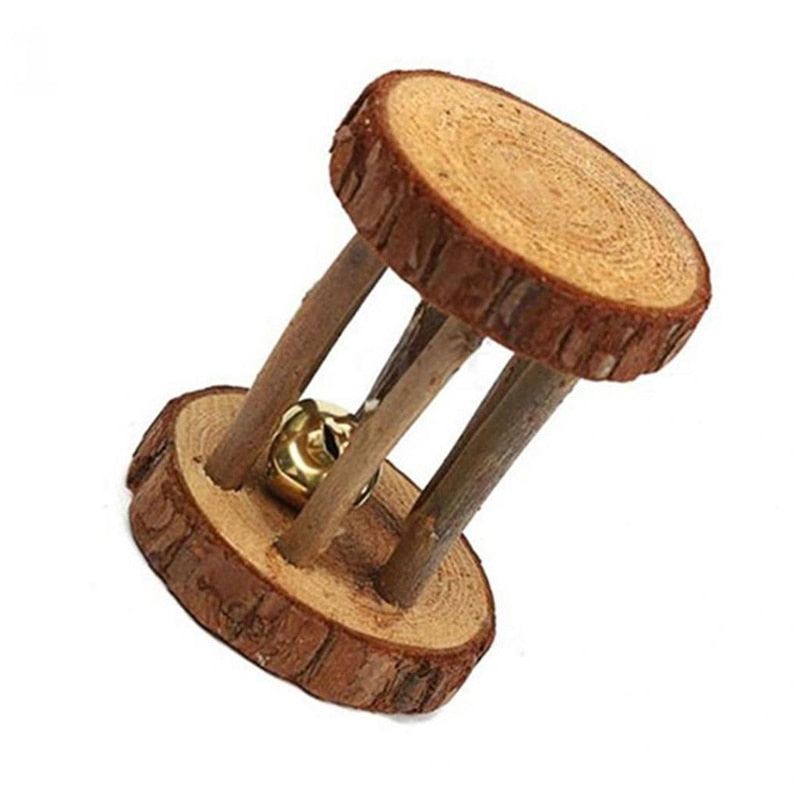 Cute Rabbit Roller Toys Natural Wooden Pine Dumbells Unicycle Bell Chew Toys for Guinea Pigs Rat Small Pet Molars Supplies