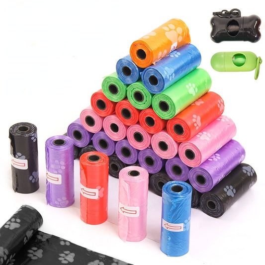 Pet Poop Bags Disposable Dog Waste Bags Bulk Poop Bags with Leash Clip and Bone Bag Dispenser 5Roll(75Pcs) Bags with Paw Prints