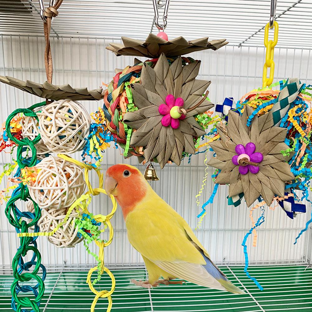 Parrot Hanging Chewing Toys With Natural Palm Leaf Rattan Ball Shred Foraging Toy For Small Medium Parrot Birds (random Colors)