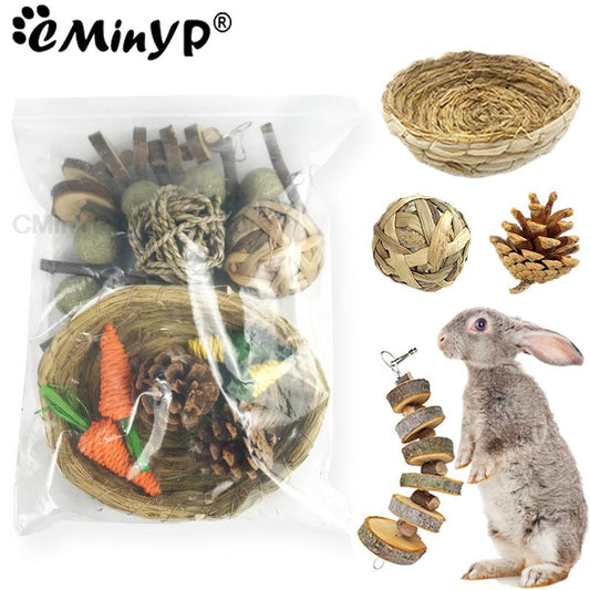 11Pcs/bag Small Animal Chew Toys Hay Treats For Guinea Pig Rabbit Hamster Gerbil Teeth Cleaning Toys Stick Set Pet Supplies