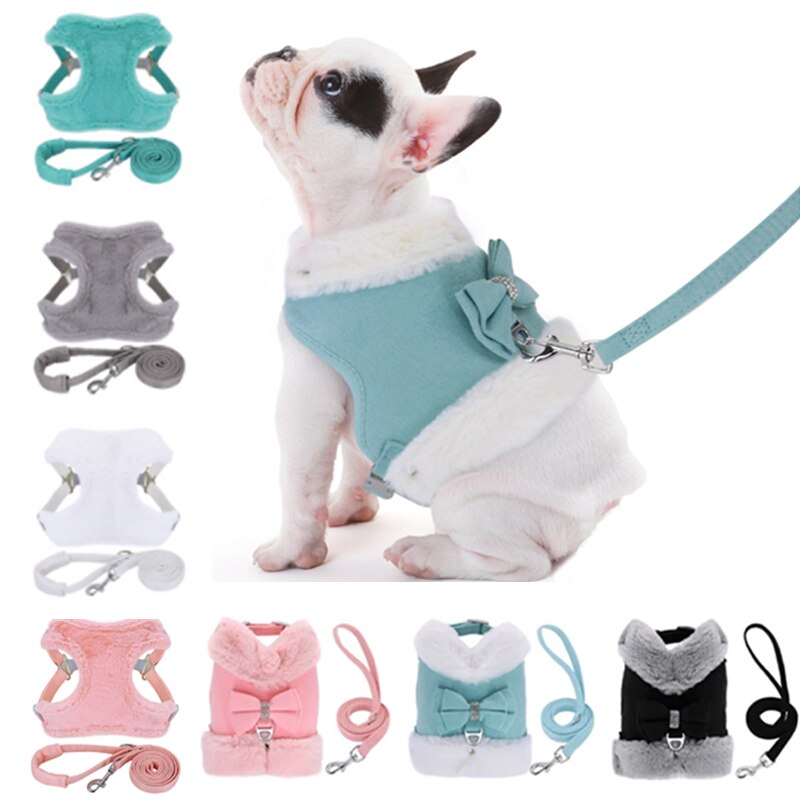 Soft Warm Dog Cat Harness Leash Set Thick Fur Harness Vest Adjustable Cute Puppy Pet Harness Lead For Small Dog Yorkshire Pug