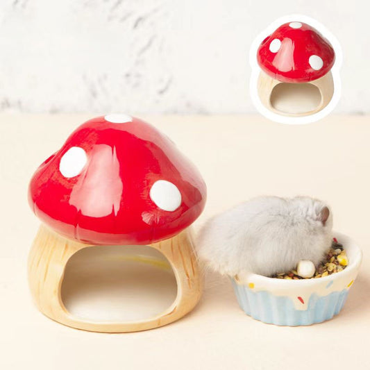 2023 Cute Hamster Cage Pet Items Ceramic Mushroom House Small Pet Bowl For Rabbit Ferret Rat Chinchilla Hedgehog Pet Products