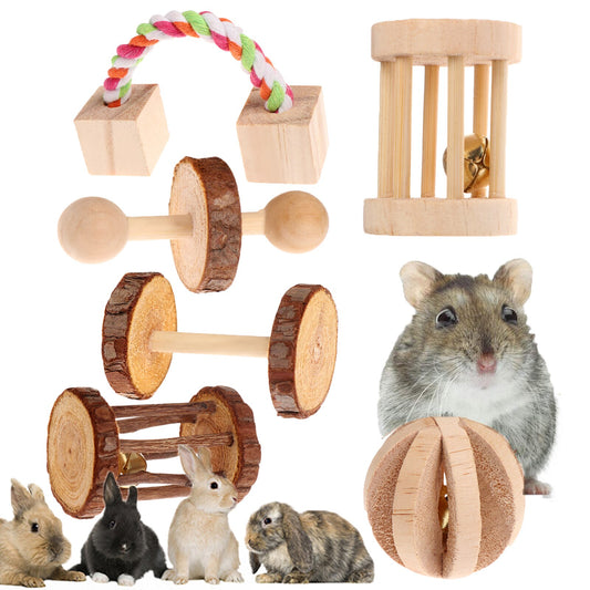 Pet Hamster Natural Wooden Chew Toys Chinchilla Cage Rabbit Toys Guinea Pigs Rat Exercise Bell Roller Small Pet Molars Supplies