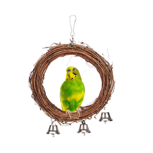 15cm Wooden Bird Parrot Rattan Hoop Swing Ring Hanging Toys With Bell for Pet Parakeet Cockatiel Chew Bite Ring Birds Toy 1pc