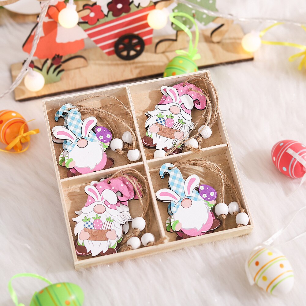 9/12Ppcs/box Easter Rabbit Wooden Ornament Decoration For Home Egg Bunny Hanging Pendant Easter Party DIY Craft Kids Gift