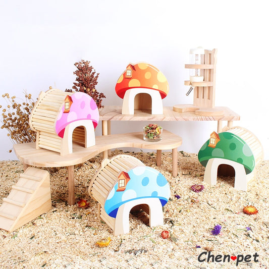 Colorful Cute Small Pet Wooden Shelter House Hamster Mushroom Sleeping House Rat Chinchillas Accessories