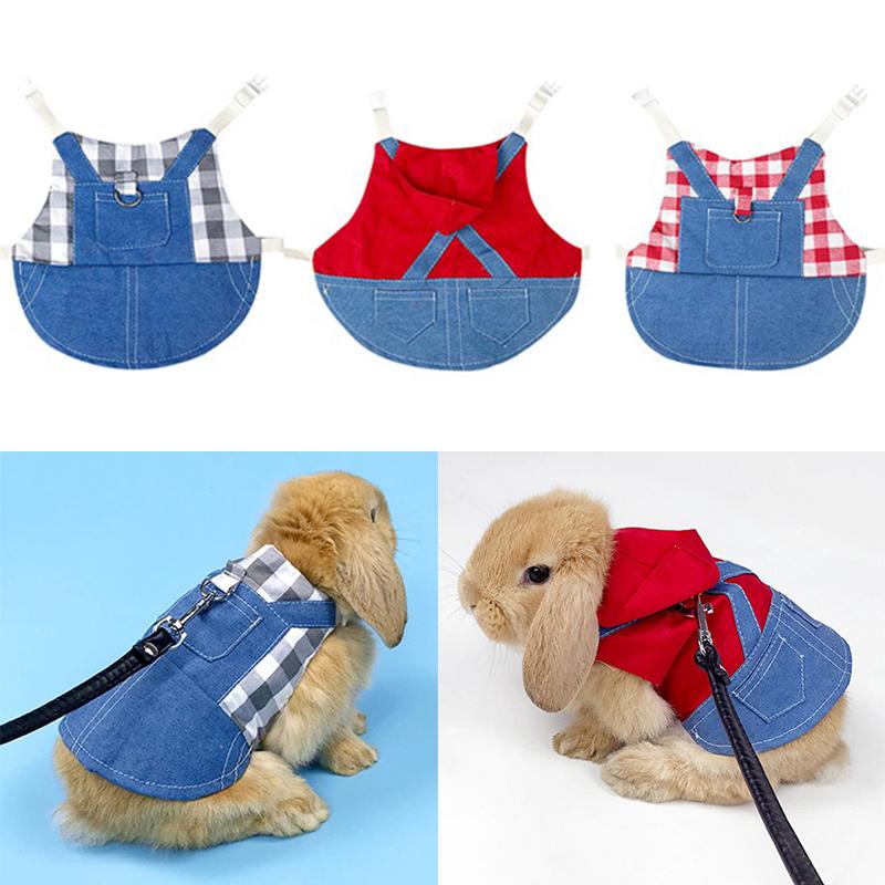 Denim Jacket Coat With Harness Leash Costume Clothes Pet Supplies For Rabbit Guinea Pig Hamster