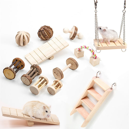 Cute Natural Wooden Rabbits Toys Pine Dumbells Unicycle Bell Roller Chew Toys for Guinea Pigs Rat Small Pet Molars Supplies