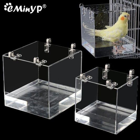 Square Bird Bath Box Cage Acrylic Transparent Bathtub Shower Cage Accessory For Parrots Parakeet Hanging Water Bath Tub 2 Size