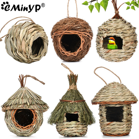 12 Style Hand-Woven House Birds Nest Shelter Hut Cage Natural Grass Hanging Sparrows Parrot Cage Straw Rope Outside Bird House