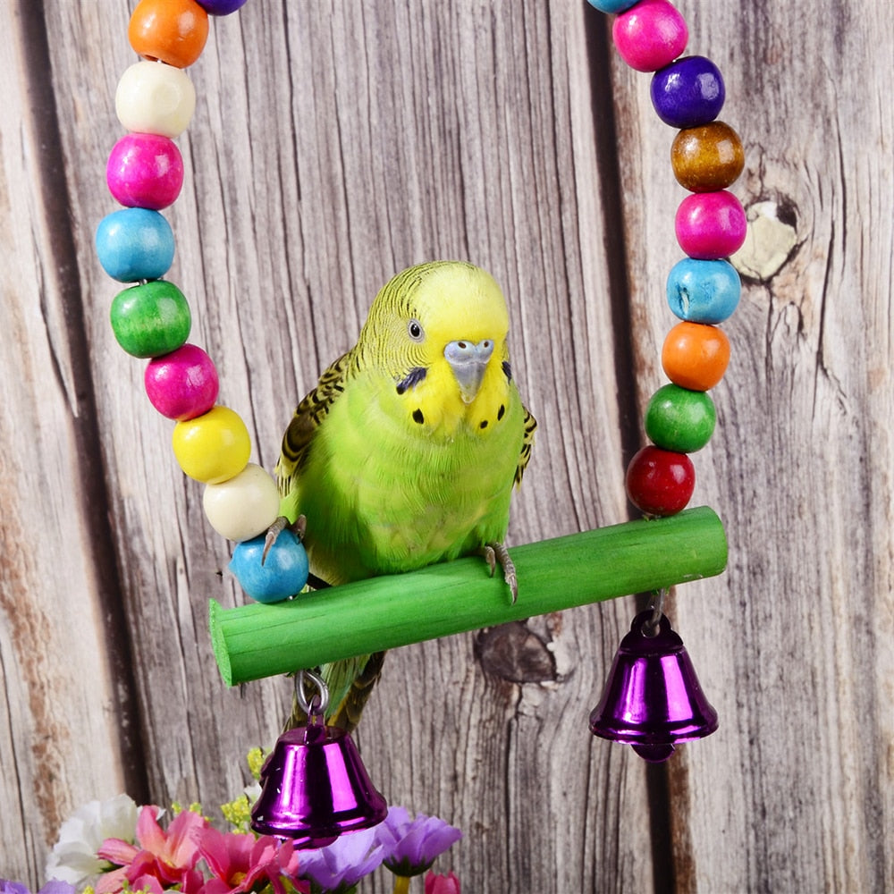 Small And Medium Parrot Stand Toy Natural Wooden Colorful Stick Swing With Colorful Beads Bell Bird Cage Stand Bird Supplie New