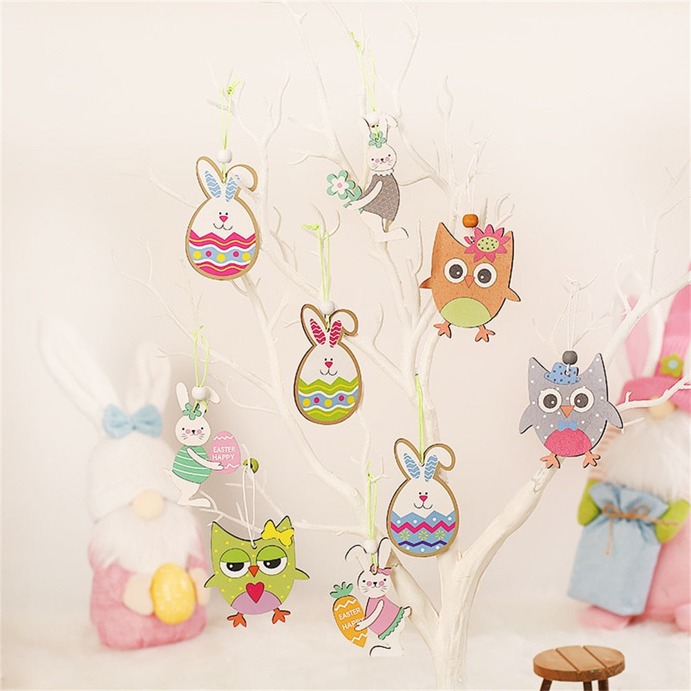 9/12Ppcs/box Easter Rabbit Wooden Ornament Decoration For Home Egg Bunny Hanging Pendant Easter Party DIY Craft Kids Gift