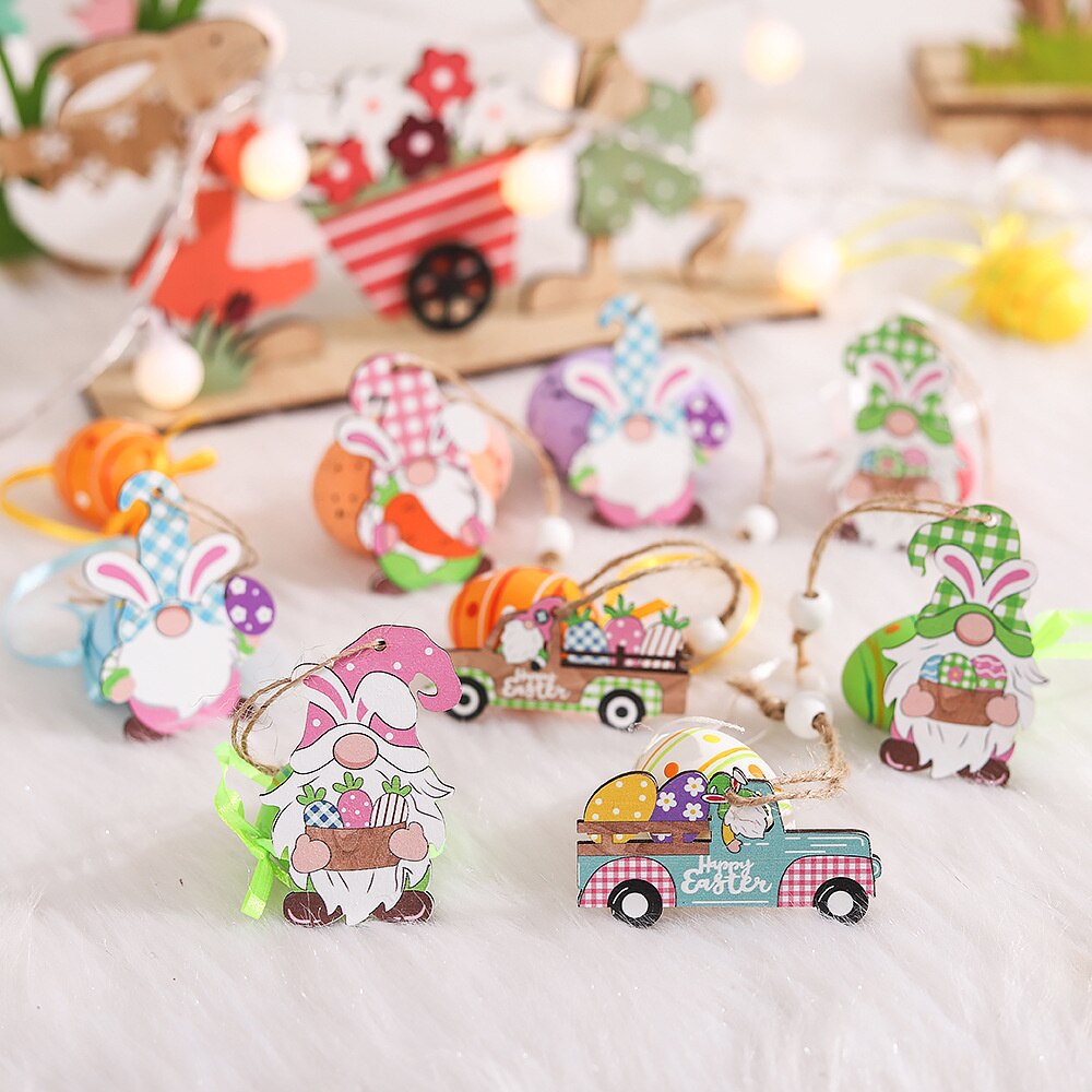 9/12Ppcs/box Easter Rabbit Wooden Ornament Decoration For Home Egg Bunny Hanging Pendant Easter Party DIY Craft Kids Gift