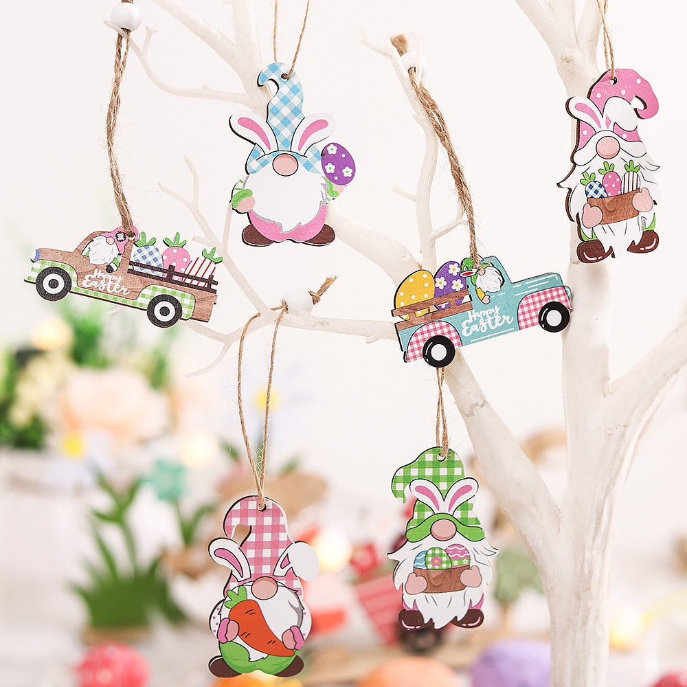 9/12Ppcs/box Easter Rabbit Wooden Ornament Decoration For Home Egg Bunny Hanging Pendant Easter Party DIY Craft Kids Gift